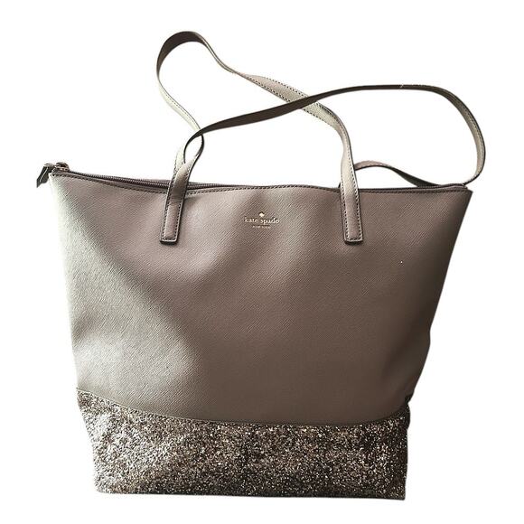 Kate Spade Greta Court Glitter Penny Saffiano Leather Tote Gray & Gold WKRU5613 - Picture 2 of 10